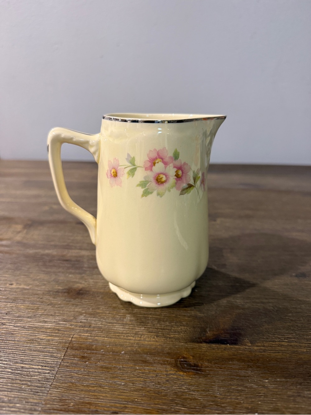 Vintage Cream Floral Ceramic Pitcher with Pink Flower Accent.  About 5” tall - Picture 2 of 6